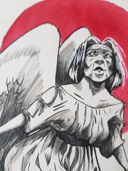 Illustration d'un personnage féminin représentant un ange. Dessin fait au feutre et à l'aquarelle. Le personnage a le regard fixé vers le ciel. Elle semble vouloir s'envoler.
