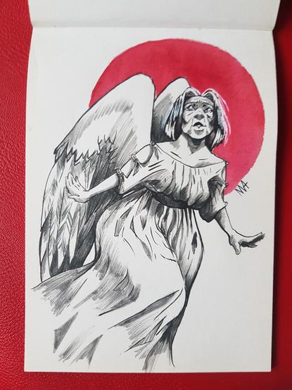 Illustration d'un personnage féminin représentant un ange. Dessin fait au feutre et à l'aquarelle. Le personnage a le regard fixé vers le ciel. Elle semble vouloir s'envoler.