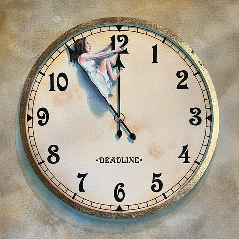 Finished artwork! This is my watercolour painting, “Deadline“. The image is square and it shows a clock face. The time is set to 11:54. A female figure in a white dress is crushed between the hours, hand, and the minutes hand. she’s holding onto the number 12 as if trying to hold back time. However, her expression is calm. The clock face is antique style, and the rim is gold leaf with some corrosion painted in. I have used real gold leaf 24 karat on this clock rim, so it is very shiny! The numbers and the clock hands are painted in a very dense black and the word deadline is written across the lower half of the clock.
