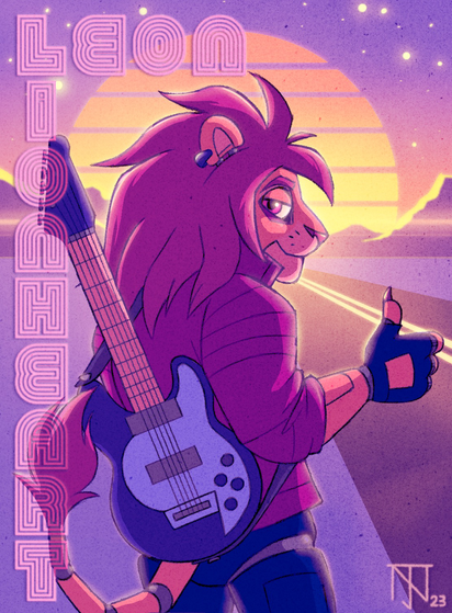 Leon the Lion stands with his guitar sling over his back and gives a thumbs up to the viewer before a synthwave sunset highway backdrop