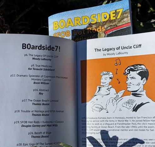 A page spread from the new edition of the B0ardside zine, showing our masthead and an article about Ocean Beach surfing legend Cliff Kamaka