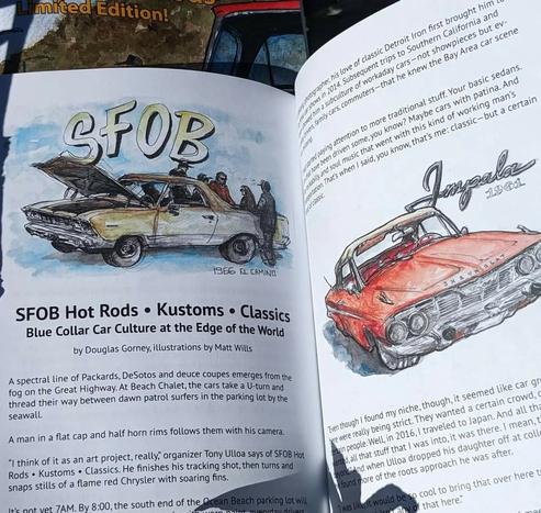 A page spread from B0ardside zine #7 showing an article, written by me, with illustrations by Matt Wills, about the SFOB Hot Rods meet ("Blue Collar Car Culture at the Edge of the World")