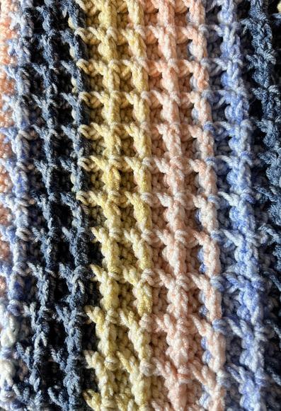A close up of a crocheted blanket, the pattern has squares making it look like a waffle. The colours alternate every two rows from peach, to blue, a darker blue, yellow and back to peach again.