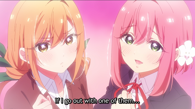 An old man with a halo and wings explaining that if the main character chooses only one of the girls the other will die