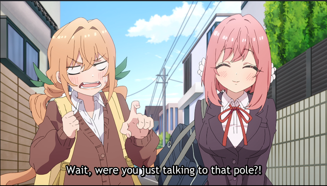 a blonde girl with green ribbons holding her twin tailing asking "wait, were you just talking to the telephone pole!?"