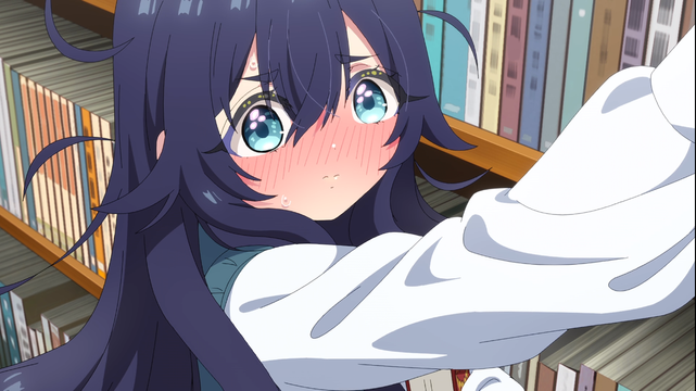 A flustered short blue haired girl with blue eyes