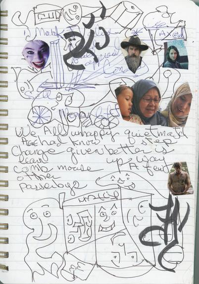 The upper third of the page is a doodle of interconnected shapes and faces. There is a large asemic glyph written over part of the doodle. The words, Mark A/ed, are visible. Cur-ups of faces are placed over sections of the doodle.
The centre is the prose poem stanza of free-associated words, with no punctuation.
The bottom section of the page is a doodle of faces inter-linked into a distorted cube. Some of the faces are made-up of assemic glyphs. A large black glyph is written over part of the doodle. There is a small cut-up of a bare-chested man looking downwards at the glyph.