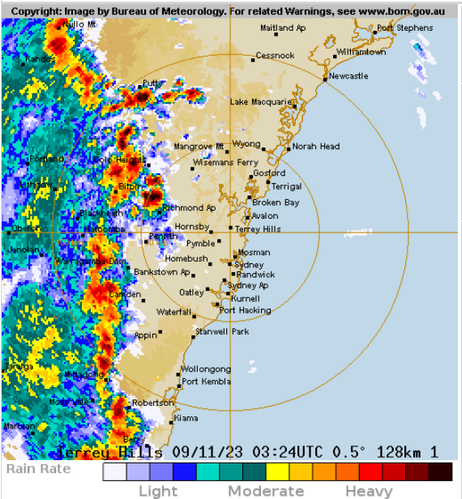 A radar image from the sydney radar, showing a line of thunderstorms to the west, moving east. the colours indicate heavy rain, with potentially some hail.