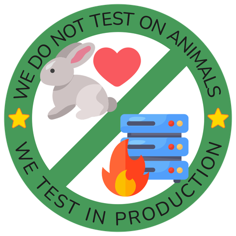 circular sticker, border says "we do not test on animals, we test in production" with a bunny next to a heart and servers on fire