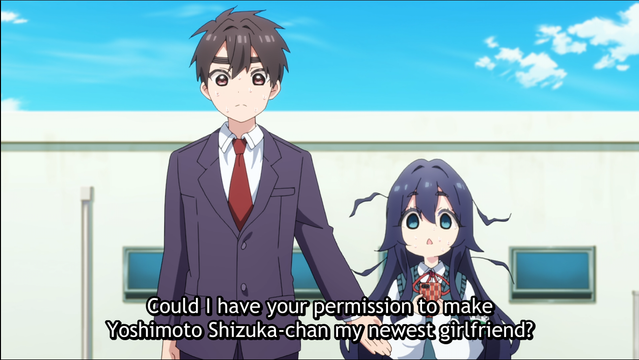 A high school aged boy asking his two girlfriends if he can have another. This anime is named 100 Girlfriends for a reason.