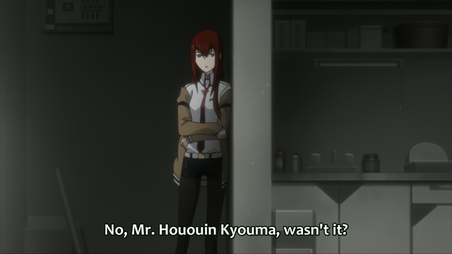 A girl named Makise Kurisu with her iconic red hair, blue eyes and a red tie saying "No, Mr. Hououin Kyouma, wasn't it?"
