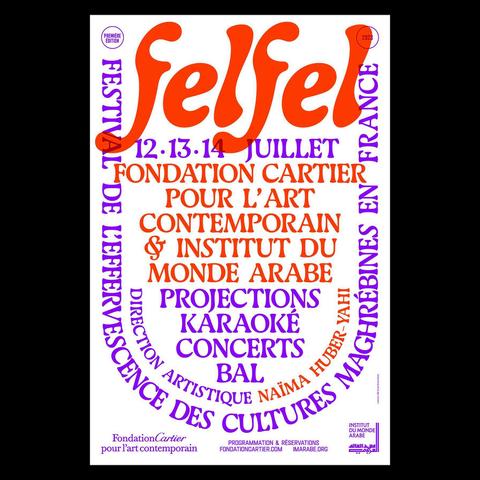 Typographic poster for the Felfel festival that took place in July 2023, printed in red orange and purple. The title is shown at the top in italic letters. Most other text is set in roman capitals, partly center-aligned and partly on a U-shape.