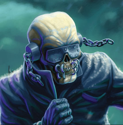 A cyberpunk-live skeleton wearing a heavy leather coat and sunglasses, with chains attached to the skull's temples on both sides.