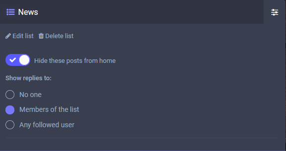 The settings of a mastodon list called 'news'