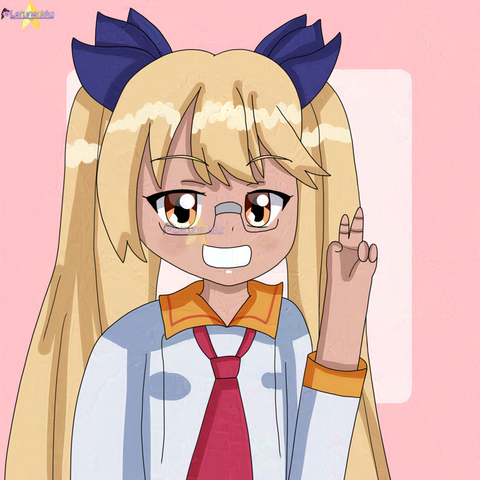 A drawing of a tanned girl with big golden twin-tails, wears glasses and gray shirt with red bowtie. Pink background.