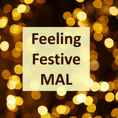 A square image of blurry gold fairy lights against a brown background, with 'Feeling Festive MAL' written in the middle in brown text on a light gold square.