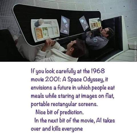 An image showing a scene from 2001 a space odyssey where people are eating while looking at flat screens with moving images on them. In the next stage of the movie AI takes over and kills everybody