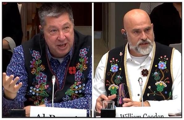 Two photos of two men. Both wear black vests, elaborately beaded with Métis flower motifs.