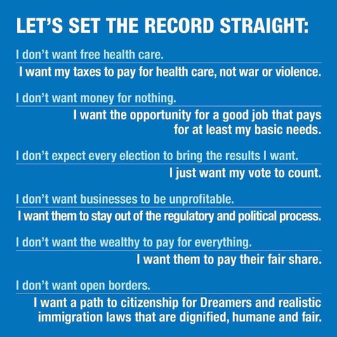 LET’S SET THE RECORD STRAIGHT: 
I don’t want free health care. I want my taxes to pay for health care, not war or violence. 
I don’t want money for nothing. I want the opportunity for a good job that pays for at least my basic needs. 
I don’t expect every election to bring the results I want. I just want my vote to count. 
I don’t want businesses to be unprofitable. I want them to stay out of the regulatory and political process. 
I don’t want the wealthy to pay for everything. I want them to pay their fair share. 
I don’t want open borders. I want a path to citizenship for Dreamers and realistic immigration laws that are dignified, humane and fair.