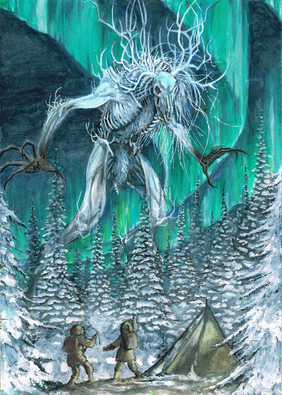 A picture of the old one Ithaqua (the Wendigo) standing tall above the snow covered forest, a pair of campers staring up in shock and awe at the sight.