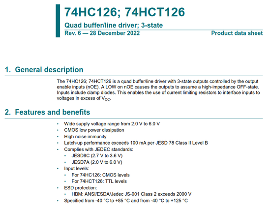 Top part of the 74HC126 datasheet.