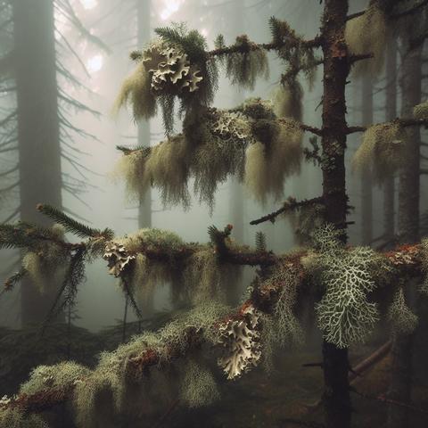 Close-up photo of the lichen lichen growing on the branches of a high tree, in a foggy coniferous forest in November(Create by Bing Image Creator)