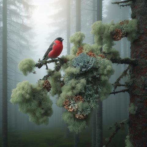 The lichen lichen growing on the branches of a high tree, with a red crossbill, in a foggy coniferous forest in November, macro-shot(Create by Bing Image Creator)