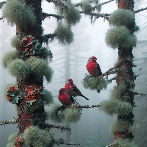A close-up photo of lichens growing on the branches of a tall tree with red crossbills preening on them, in a misty coniferous forest in November(Create by Bing Image Creator)