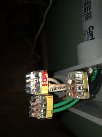 Multi-way electrical connectors for hot, neutral, and ground. Neutral has a arterial red stain under the clear plastic surface.