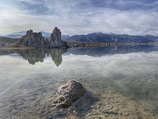Tufa formations in Mono Lake with the Sierra Nevada in the background