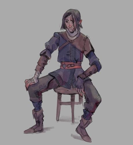 Sketchy drawing of a half-elven character sitting on a stool, looking pensive.