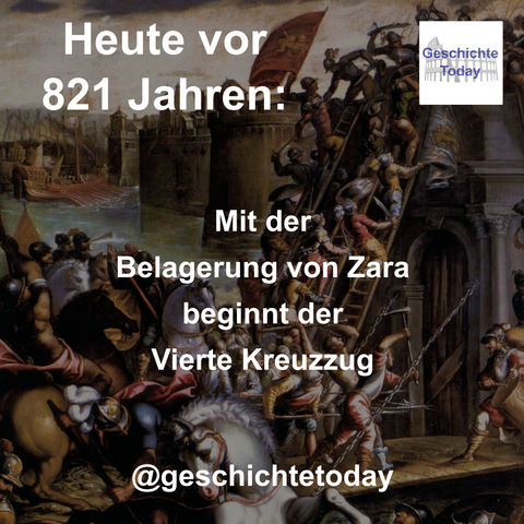 Heute vor 821 Jahren: Mit der Belagerung von Zara beginnt der Vierte Kreuzzug. Das Bild, ein Wandbild von Andrea Vicentino im Dogenpalast, zeigt die Belagerung von Zara. Zu sehen sind Kämpfer, die mit Leitern versuchen, die Stadtmauer zu erklimmen und oben abgewehrt werden.
