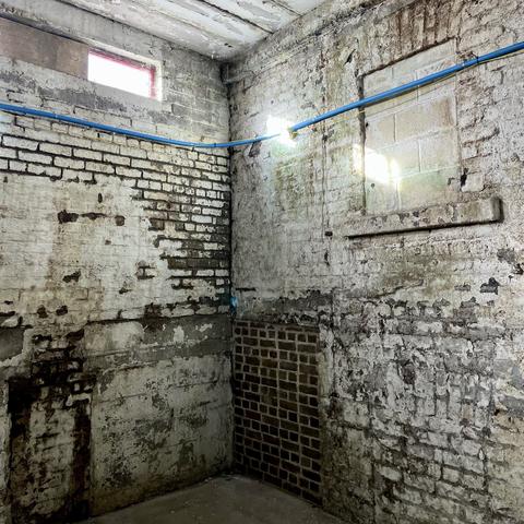 Flaky and patchy white washed red brick walled corner. A blue cable runs around it and over a broker up window. One high thin rectangular half-boarded up window casts light diagonally on the adjoining wall.
