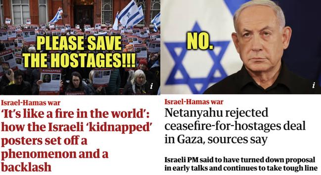 Left:  large protest for Israeli hostages captured by Hamas terrorists 
Right: article showing that Netanyahu refused to help the hostages