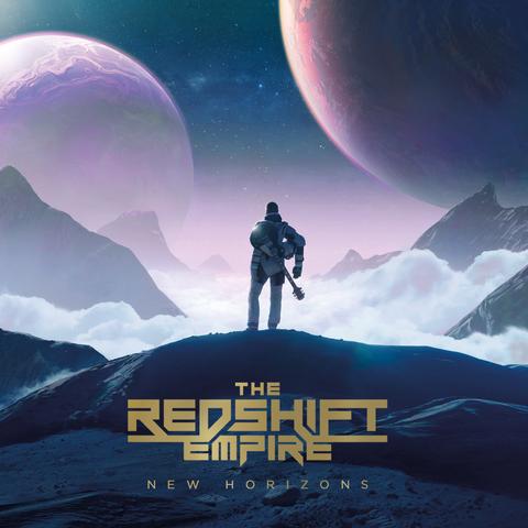 Cover of the album New Horizons, by The Redshift Empire. The cover shows a drawing of a futuristic astronaut holding a guitar on his back and standing in front of a beautiful extraterrestrial landscape on a rocky foreign world. The astronaut looks at the see of clouds in the valley beneath and the giant planets in the night sky.
