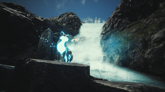 A screenshot from Spirit of the North picturing a spirit fox, proudly standing in front of a fall