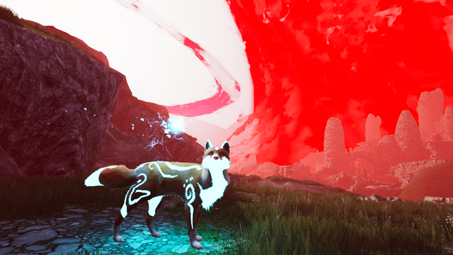 A screenshot from Spirit of the North picturing a spirit fox, glowing brightly. In the background a red haze, the game's main enemy
