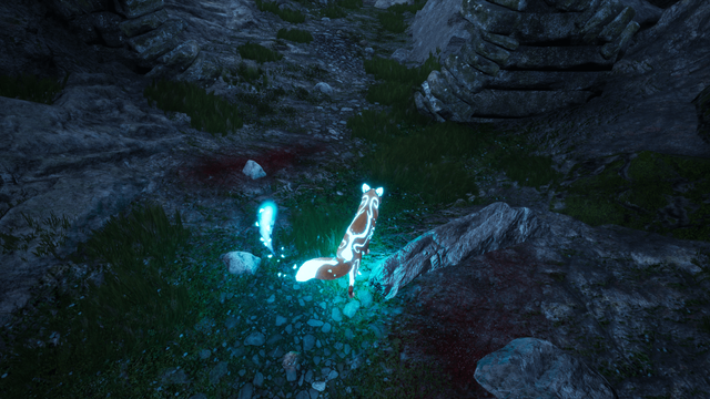A screenshot from Spirit of the North picturing a spirit fox, wandering through the map