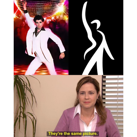 3 frame image: 

upper left frame: John Travolta as Tony Manero in Saturday Night Fever wearing white 1970s suit in iconic disco dancing pose with a wide stance and one arm raised up. 

upper right frame: SAG-AFTRA performer logo, an abstract person standing in tails or a suit with an arm raised up. 

lower frame: Jenna Fischer as Pamela Morgan Halpert (née Beesly) in the US version of The Office with the caption "they're the same picture."
