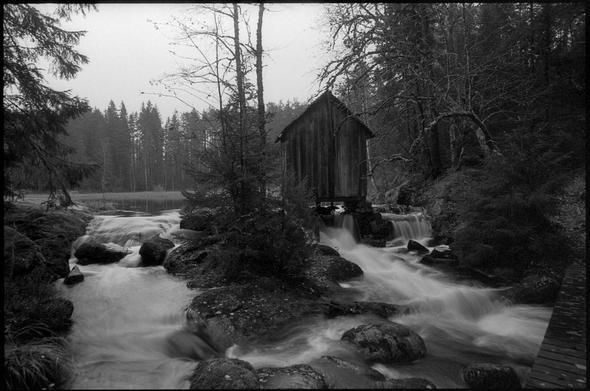 A picture of a stream running from a small pond or lake, towards the camera. The camera is placed on a small wooden bridge. It is fall, and a wet day during the fall. There is a small wooden building at the edge of the where the stream starts to fall. Probably an old mill, powered by the stream at some point.