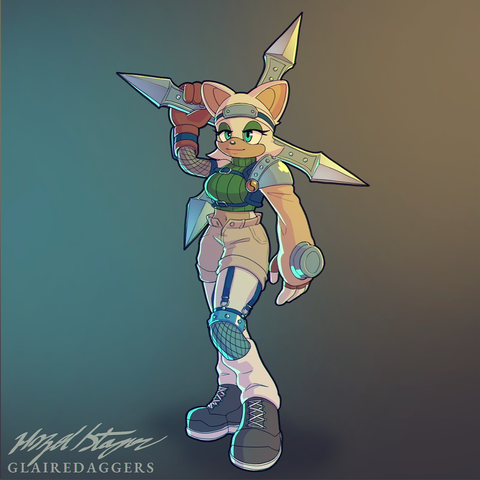 Artwork of Rouge the Bat wearing Yuffie's outfit from Final Fantasy 7. She stands holding a massive metal shuriken behind her.