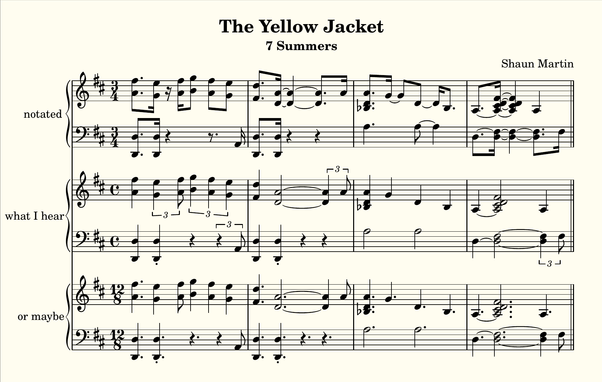 measures 15-17 in 3/4 meter as in the video transcription, but with two alternative notations (4/4 with tuplets vs. 12/8 without)