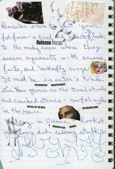 The composition is a handwritten prose poem , with additional cut-up words and images. Large asemic writing covers the last lines on the page.
Top left corner - a cut-up of a close-up of a person holding a camera, behind them is a group of people looking in the same direction as the camera.
Top right corner - a rectangular piece of stained paper, with the hand-printed words : Student Spider Think Warm.

There is a small cut-up of a woman's face done up in bright colours. Several lines below that is a small cut-up of the upper portion of a man's face.
There are a number of cut-up words placed in the line spaces. **Full text in next image.