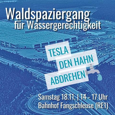 Bild von der Tesla-Fabrik. Text: Waldspaziergang gegen Tesla & für Wassergerechtigkeit. Tesla den Hahn Abdrehen.
 Samstag 18.11. von 14 - ca. 17 Uhr. Bahnhof Fangschleuse (RE1).