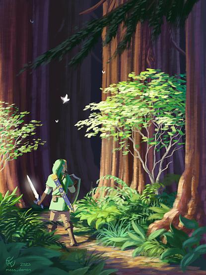 In the bright morning light, Link, clad in his classic green tunic, walks warily along a forest path, amid lush green undergrowth, surrounded by giant redwoods. The path ahead looks dangerous, even ominous, and he has the master sword and his Hyrule shield at the ready as Navi leads him into the darkness…