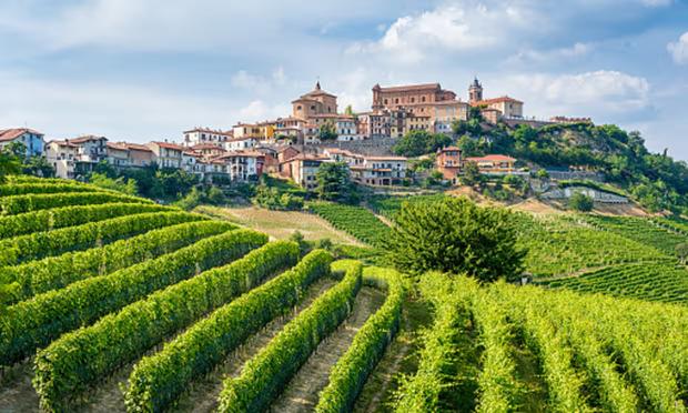 The village of La Morra in the Langhe region of Piedmont, Italy. The photo shows a harmonious view of old architecture, wooded slopes, and agricultural land.