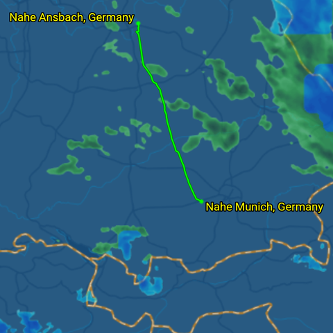 Track of flight. Not a straight line, due to clouds.