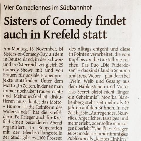 Zeitungsartikel über die Sisters of Comedy Veranstaltung in Krefeld.