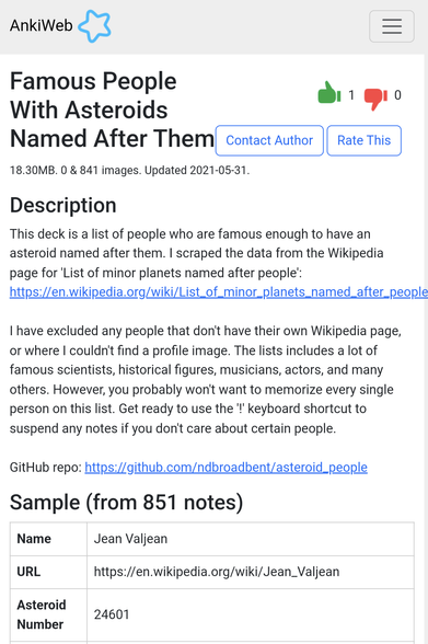 A screenshot of a deck with the title "Famous people with asteroids named after them".