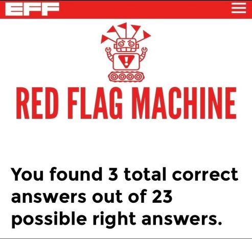 Screenshot of a result page from EFF's Red Flag Machine quiz. The result reads: 

"You found 3 total correct answers out of 23 possible right answers."